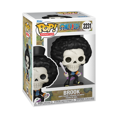 Funko Pop! Animation: One Piece Brook figure with skeletal appearance and detailed costume, collectible figure from Shak's Pop Shop.