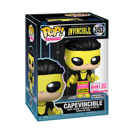 Funko Pop! Capevincible from Invincible in a floating pose with protective case, part of the Funko Legendary Edition.