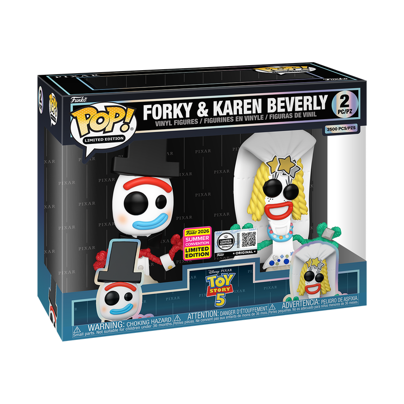 Funko Pop! Toy Story 5 Forky and Karen Beverly 2-pack with protectors, limited edition Summer Convention exclusive, high-res image