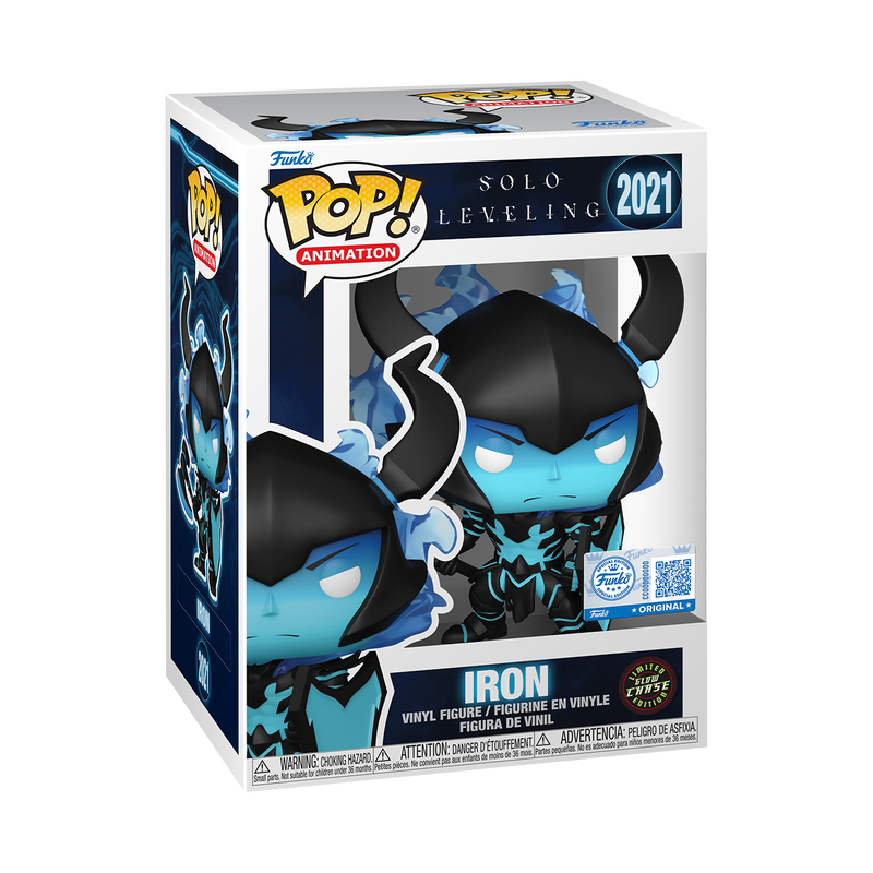 Funko Pop! Animation Solo Leveling Iron figure with box imperfection, collectible toy from Shak's Pop Shop, featuring detailed design.