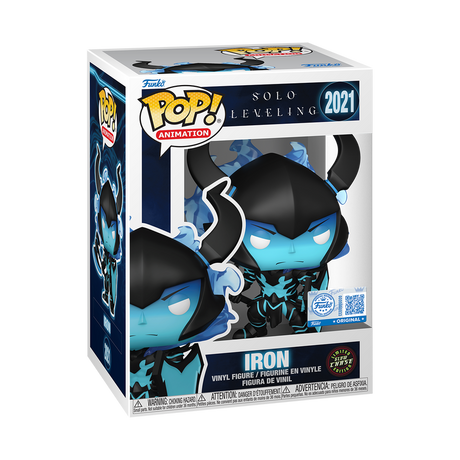 Funko Pop! Animation Solo Leveling Iron figure with box imperfection, collectible toy from Shak's Pop Shop, featuring detailed design.