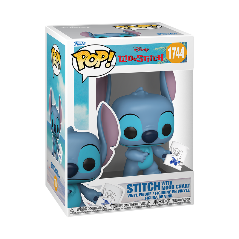 Funko Pop! Disney Stitch figure with mood chart from Lilo and Stitch, featuring Stitch in a playful pose with colorful mood chart accessory.