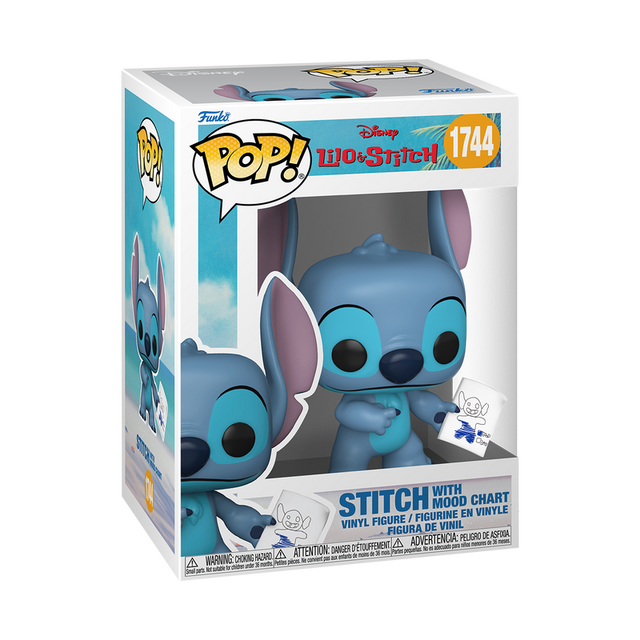 Funko Pop! Disney Stitch figure with mood chart from Lilo and Stitch, featuring Stitch in a playful pose with colorful mood chart accessory.