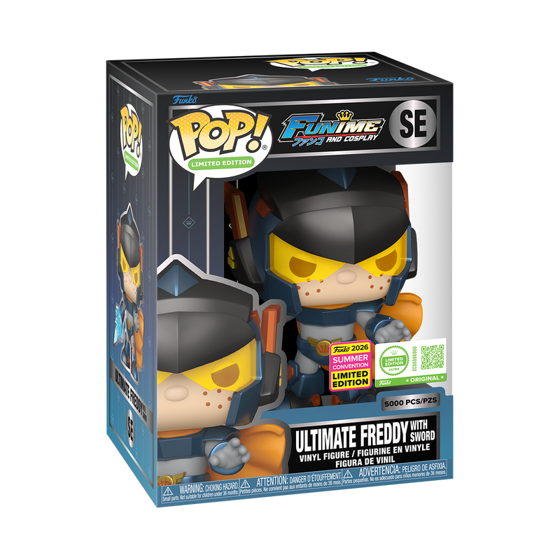 Funko Pop! Ultimate Freddy with Sword figure in a clear display protector, part of the 2026 Summer Convention exclusive collection.