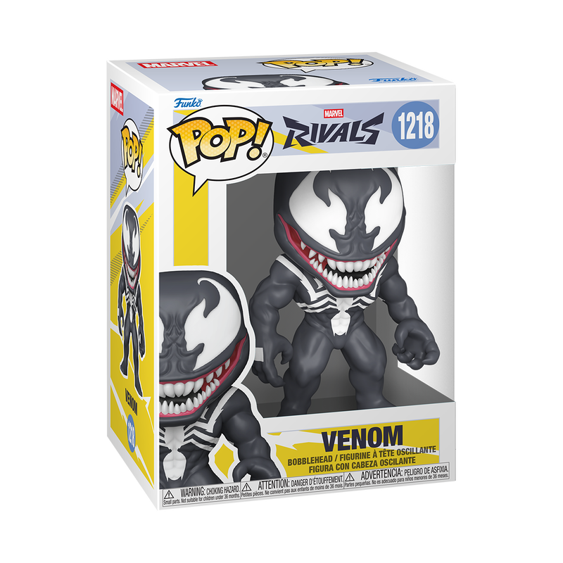 Funko Pop! Marvel Rivals Venom figure with detailed black and white design, showcasing a dynamic pose and expressive features.