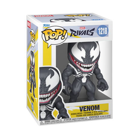 Funko Pop! Marvel Rivals Venom figure with detailed black and white design, showcasing a dynamic pose and expressive features.