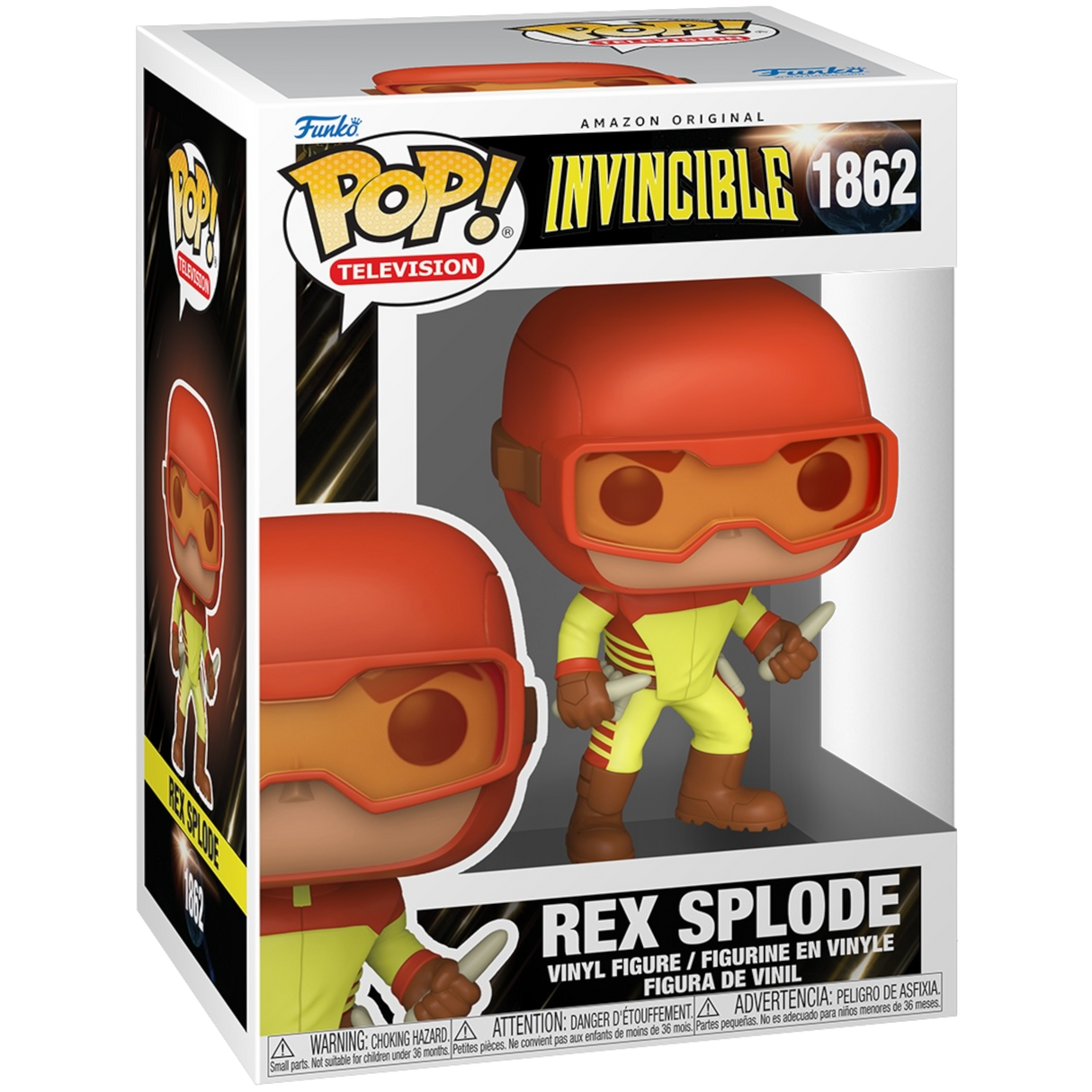 Funko Pop! Rex Splode figurine from Invincible TV series, collectible vinyl toy with detailed character art and vibrant colors.