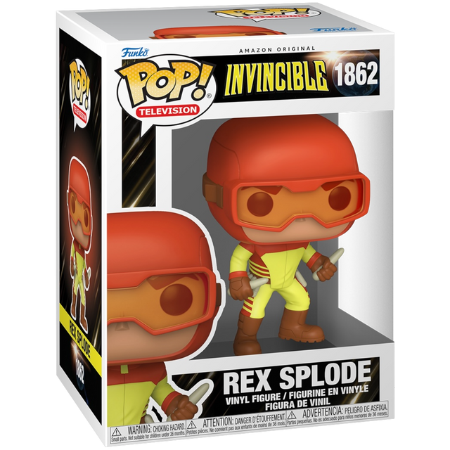 Funko Pop! Rex Splode figurine from Invincible TV series, collectible vinyl toy with detailed character art and vibrant colors.