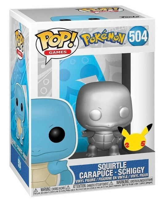 Silver metallic Funko Pop! Squirtle vinyl figure from Pokémon series with box imperfection, featuring detailed sculpt and vibrant colors.