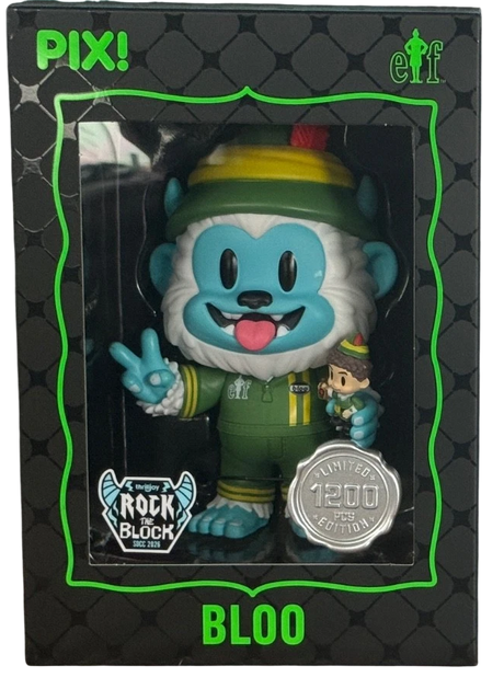 Collectible Pix: Bloo as Buddy the Elf from ThrillJoy, 2026 Block Party Exclusive, featuring detailed elf costume and vibrant colors.