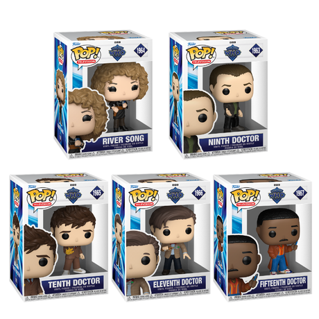 Set of five Funko Pop! Doctor Who vinyl figures featuring iconic characters from the television series, with colorful detailing.