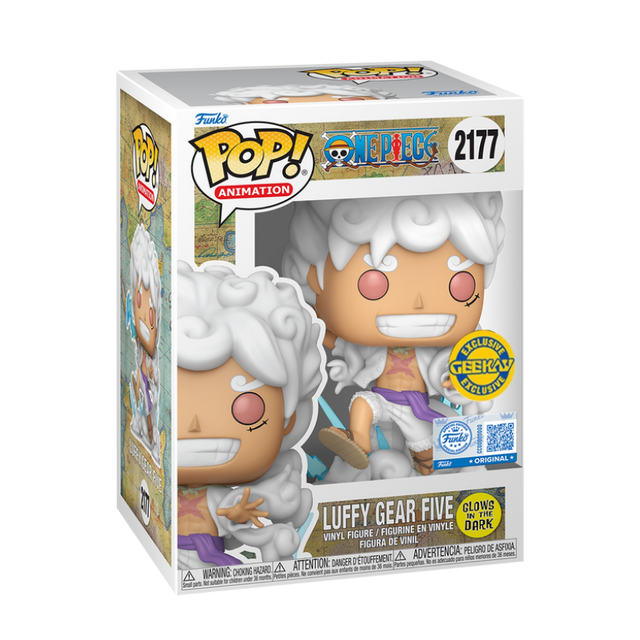 Funko Pop! Animation One Piece Luffy Gear Five glow figure, featuring Luffy in gear mode with glowing details, exclusive collectible toy.