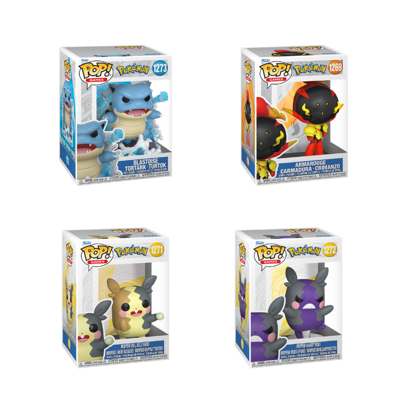 Four Funko Pop! Games Pokémon figures featuring popular Pokémon characters in colorful, stylized chibi design from Shak's Pop Shop.