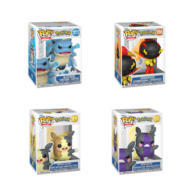 Four Funko Pop! Games Pokémon figures featuring popular Pokémon characters in colorful, stylized chibi design from Shak's Pop Shop.