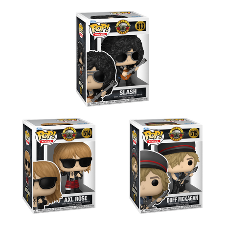 Set of three Funko Pop! Rocks figures of Guns N' Roses band members, collectible vinyl figures with detailed features.