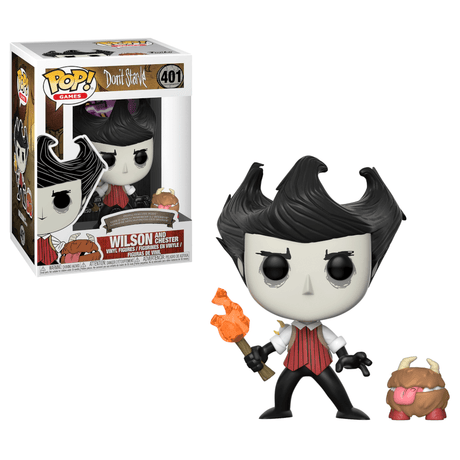 Funko Pop! Games Wilson and Chester vinyl figures from Don't Starve, featuring detailed character designs and box imperfections.