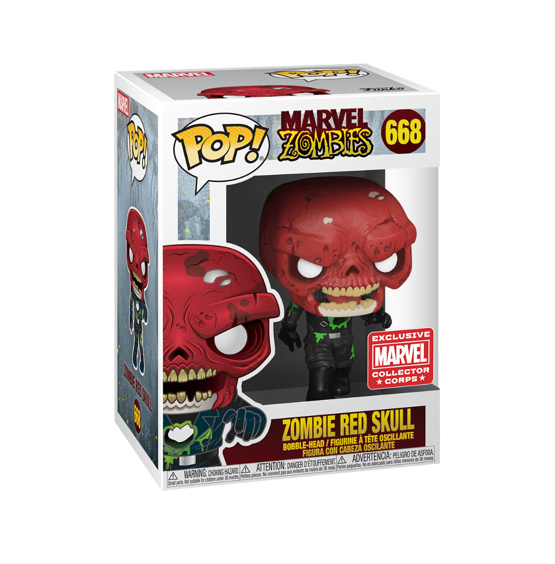 Funko Pop! Marvel Zombie Red Skull collectible figure from Marvel Collector Corps box, with detailed zombie-themed Red Skull design.