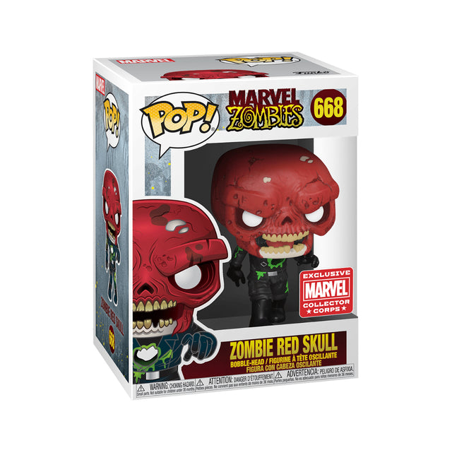 Funko Pop! Marvel Zombie Red Skull collectible figure from Marvel Collector Corps box, with detailed zombie-themed Red Skull design.