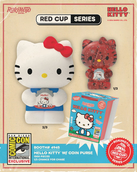 Red Hello Kitty coin purse from Rokimoto's Red Cup Series, a collectible item showcased at the 2026 SDCC Convention.