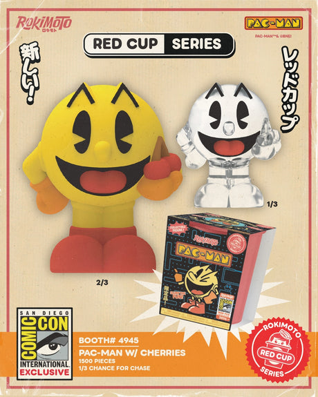 Red Pac-Man collectible figure from Rokimoto Red Cup Series with cherries, exclusive to SDCC 2026, by Shak's Pop Shop.