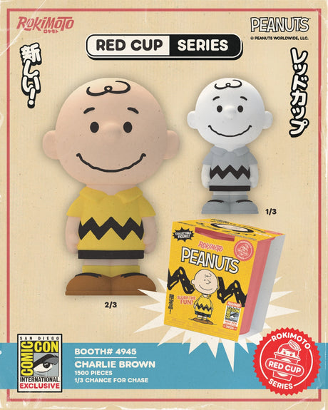 Shak's Pop Shop Red Cup Series Charlie Brown collectible figure from Rokimoto, 2026 SDCC Convention Exclusive, detailed and vibrant.
