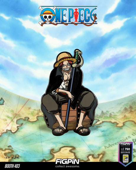 Figpin collectible of Shanks from One Piece, featuring detailed design, exclusive for SDCC 2026, by Shak's Pop Shop.