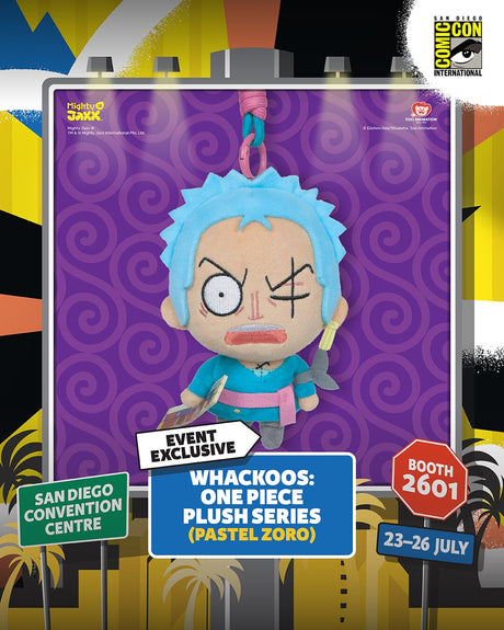 Pastel Zoro Whackoos plush from One Piece series by Mighty Jaxx, collectible figure with soft fabric and detailed design.