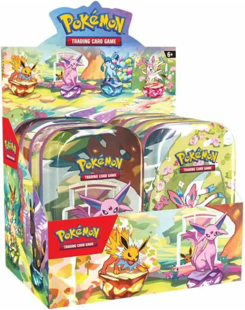 Set of 8 Pokémon TCG Scarlet & Violet Prismatic Evolutions mini tins, featuring colorful artwork and collectible card storage.
