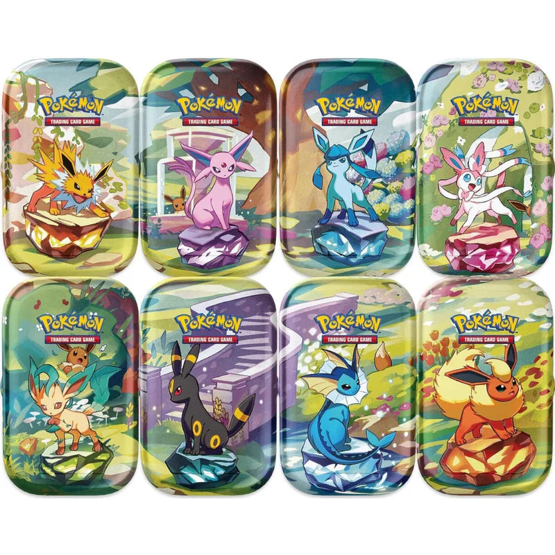 Display of Pokémon TCG Scarlet & Violet Prismatic Evolutions Mini Tin Bundle with 8 tins, featuring colorful Pokémon artwork.