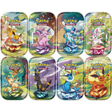 Display of Pokémon TCG Scarlet & Violet Prismatic Evolutions Mini Tin Bundle with 8 tins, featuring colorful Pokémon artwork.