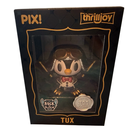 Pix: Tux collectible figure from ThrillJoy by Shak's Pop Shop, featuring a tuxedo costume, limited edition 2026 Block Party Exclusive.