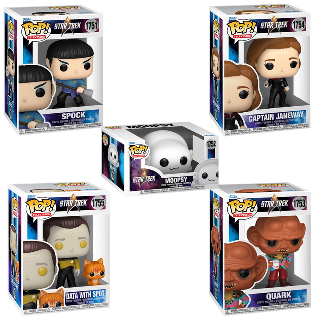 Five Funko Pop! Television Star Trek figures in a bundle, featuring iconic characters from the Star Trek series, displayed together.