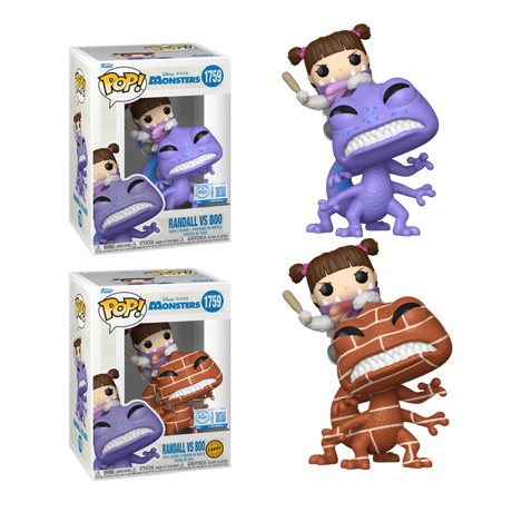 Funko Pop! Disney Monster Inc Randall vs. Bloo collectible figures from Shak's Pop Shop, Specialty Series Exclusive display.