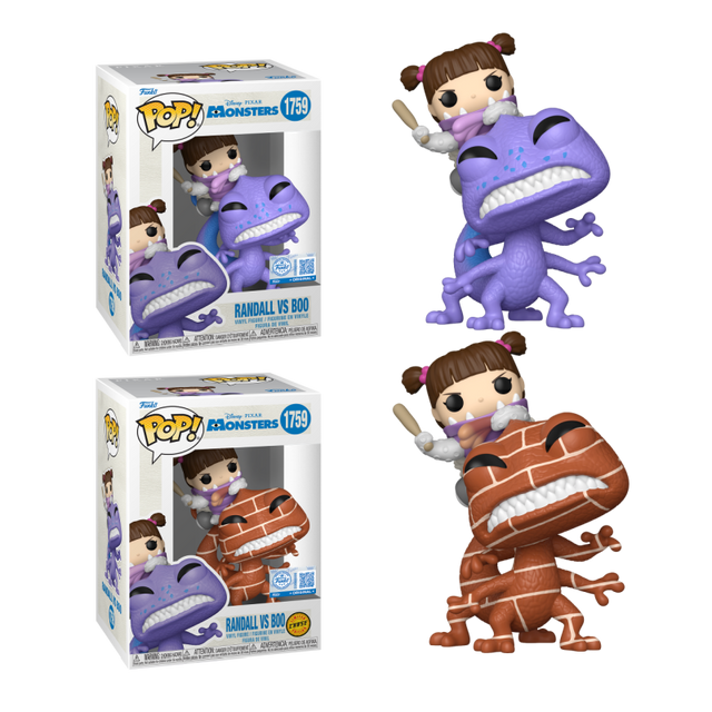 Funko Pop! Disney Monster Inc Randall vs. Bloo collectible figures from Shak's Pop Shop, Specialty Series Exclusive display.