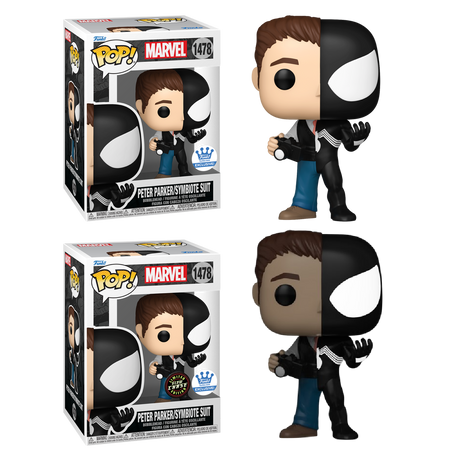 Funko Pop! Marvel Peter Parker in Symbiote Suit collectible figure, exclusive from Shak's Pop Shop, featuring detailed character design.
