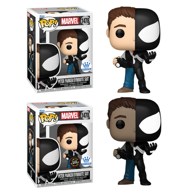 Funko Pop! Marvel Peter Parker in Symbiote Suit collectible figure, exclusive from Shak's Pop Shop, featuring detailed character design.