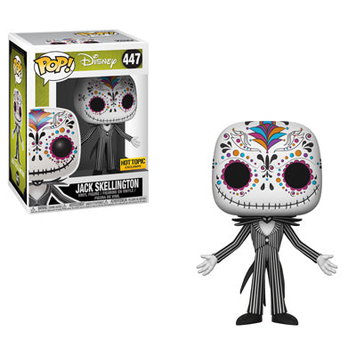 Funko Pop! of Jack Skellington as a sugar skull from Disney's Nightmare Before Christmas, Hot Topic exclusive figure by Shak's Pop Shop.