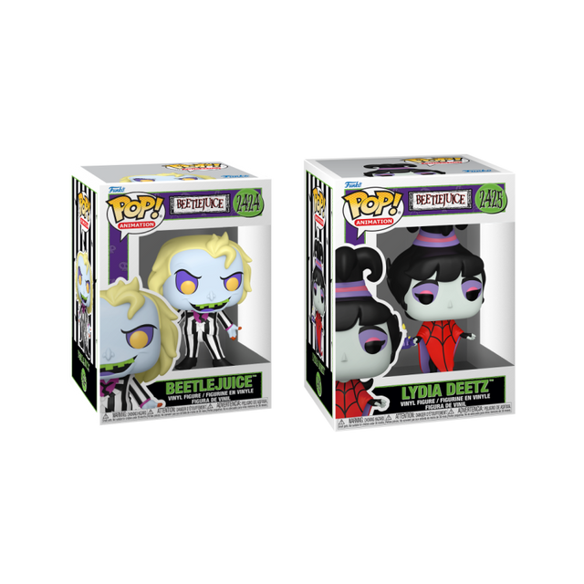 Two Funko Pop! Animation Beetlejuice figures from the Shak's Pop Shop bundle, featuring detailed vinyl collectibles.
