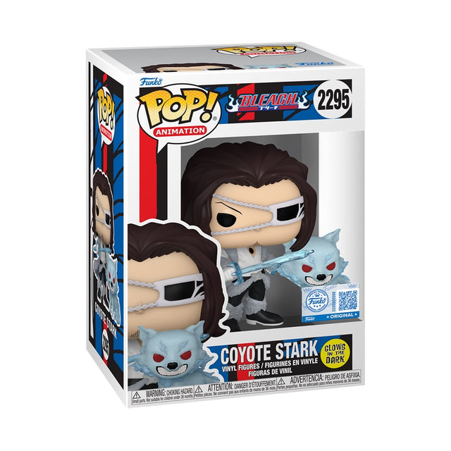 Funko Pop! Animation: Bleach Coyote Stark glow figure, exclusive collectible with box imperfections from Shak's Pop Shop.