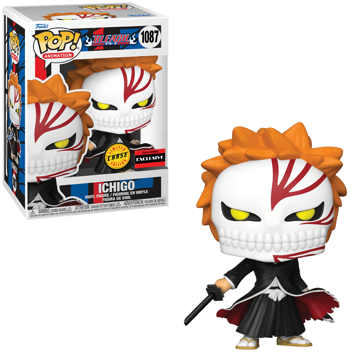 Funko Pop! Animation Bleach Ichigo Kurosaki Chase figure with Bankai Hollow Mask, AAA Exclusive collectible, detailed figure.