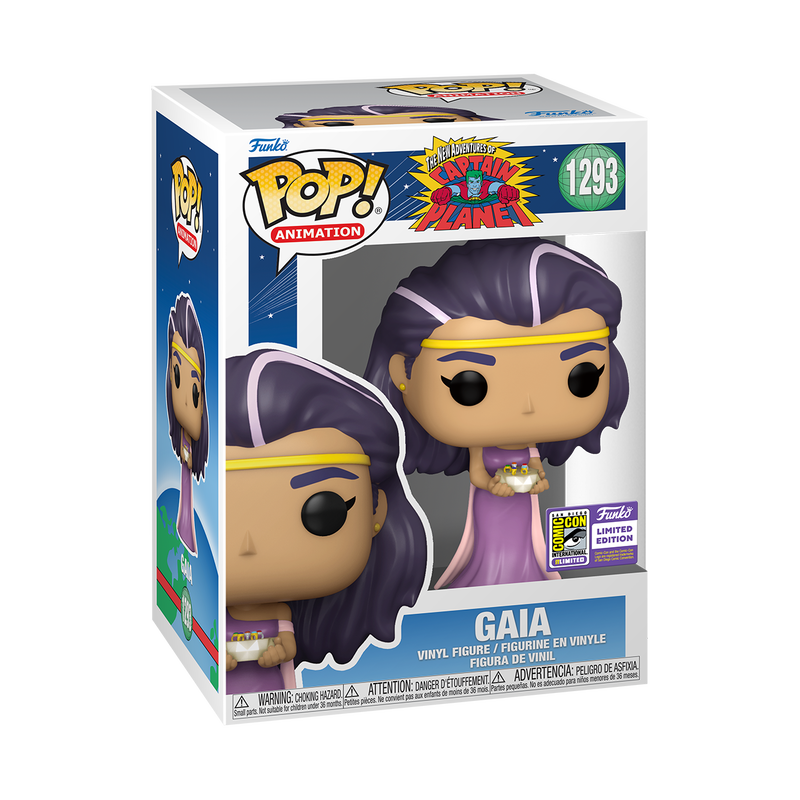 Funko Pop! Animation Captain Planet Gaia figure with SDCC 2023 sticker, collectible vinyl toy by Shak's Pop Shop.