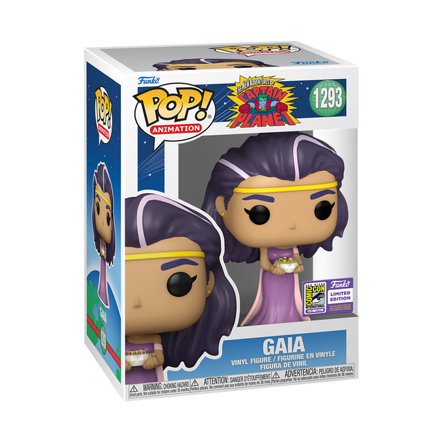 Funko Pop! Animation Captain Planet Gaia figure with SDCC 2023 sticker, collectible vinyl toy by Shak's Pop Shop.