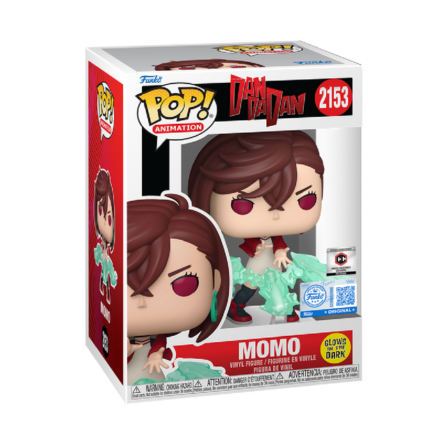 Glow DanDaDan Momo Funko Pop! Animation figure from Chalice Collectibles PR Exclusive, featuring a stylized character with vibrant glow effects.