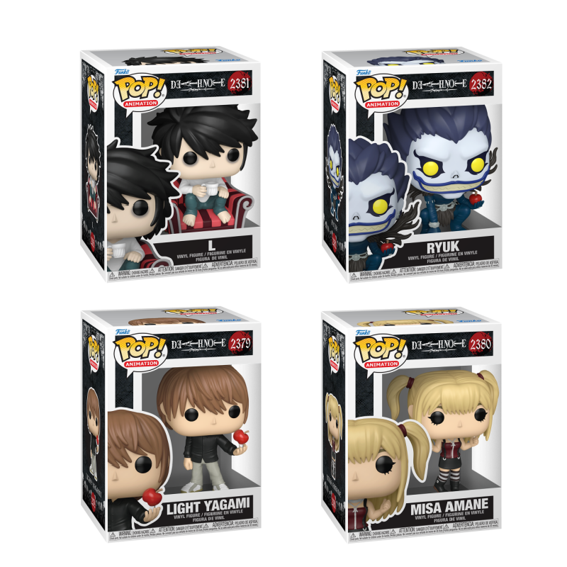 Four Funko Pop! Animation Death Note characters from the Refresh: 4 Pop Bundle by Shak's Pop Shop, featuring detailed anime figures.