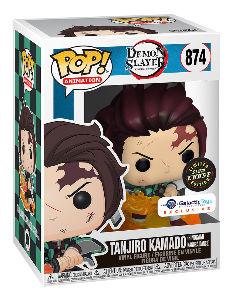 Funko Pop! Animation Tanjiro Demon Slayer Glow Chase figure from Galactic Toys Exclusive, featuring detailed character design and vibrant colors.