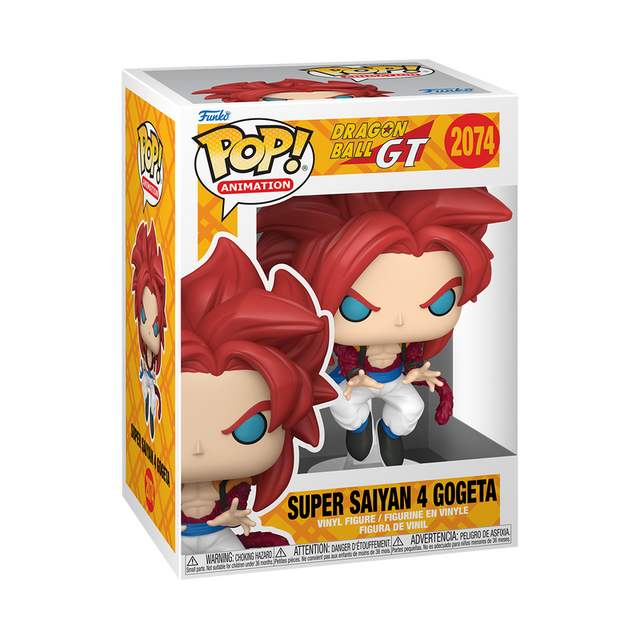 Funko Pop! Animation Dragon Ball GT Super Saiyan 4 Gogeta figure with detailed yellow hair and vibrant costume, front view.
