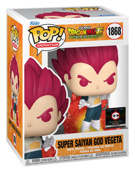 Funko Pop! Animation Dragon Ball Super Super Saiyan God Vegeta figure from Chalice Collectibles Exclusive, with detailed character features.