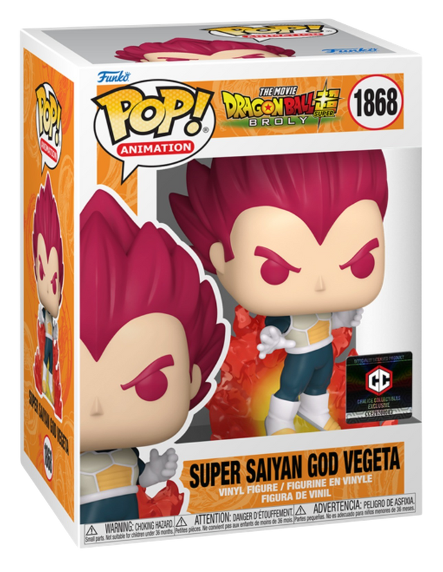 Funko Pop! Animation Dragon Ball Super Super Saiyan God Vegeta figure from Chalice Collectibles Exclusive, with detailed character features.