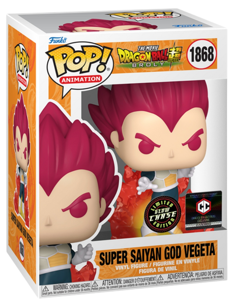 Funko Pop! Animation Dragon Ball Super Broly Super Saiyan God Vegeta Chase figure, collectible vinyl toy with vibrant colors