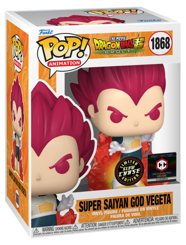 Funko Pop! Animation Dragon Ball Super Broly Super Saiyan God Vegeta Chase figure, collectible vinyl toy with vibrant colors